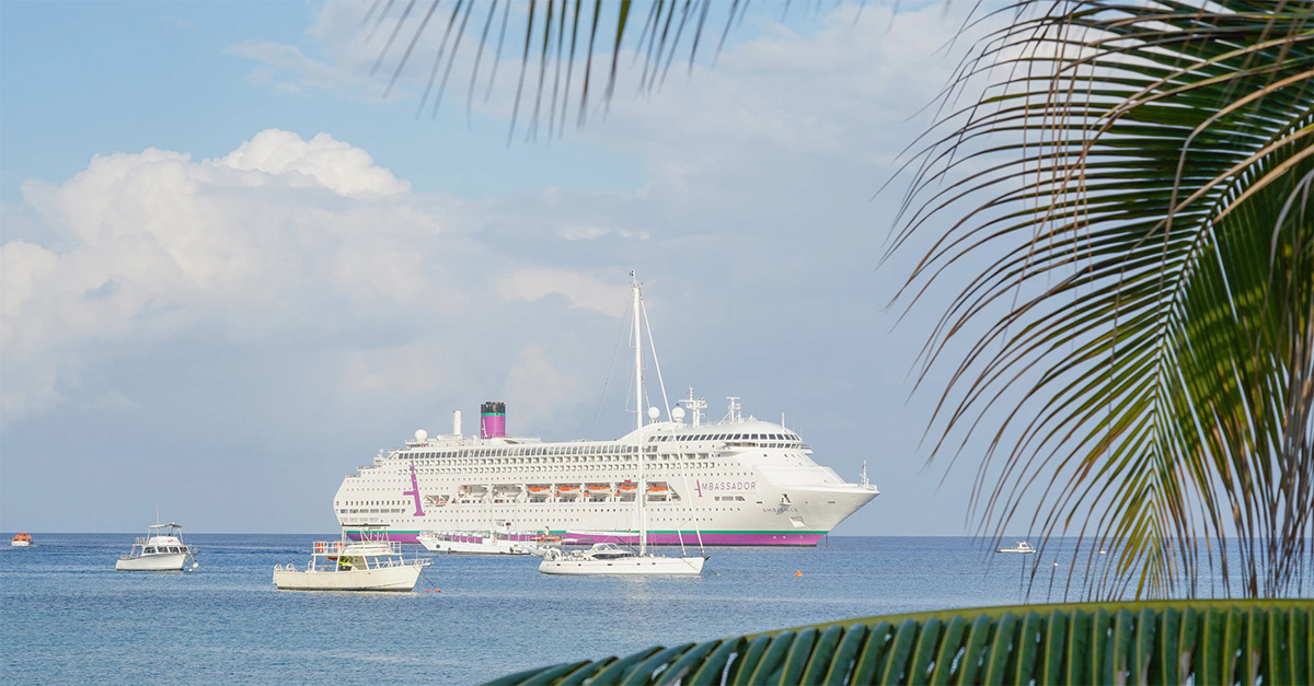 Ambassador Cruise Line Ambience docked off George Town in the Cayman Islands