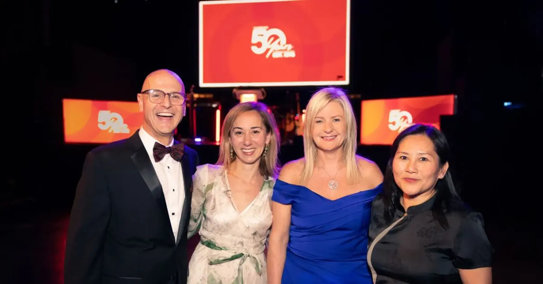 Gabe Rizzi, Altour; with Helena Daras, Jacqueline Dobson and Ka-Wai Siu, all Internova, at Barrhead's 50th anniversary event