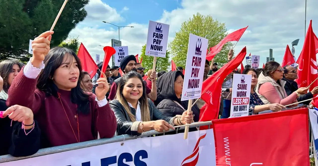 Striking Wilson James workers at Heathrow. Supplied by Unite