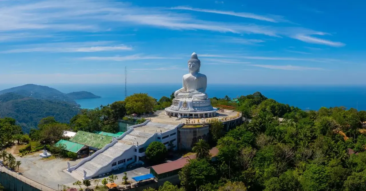 white marble Big Buddha statue in Phuket Thailand