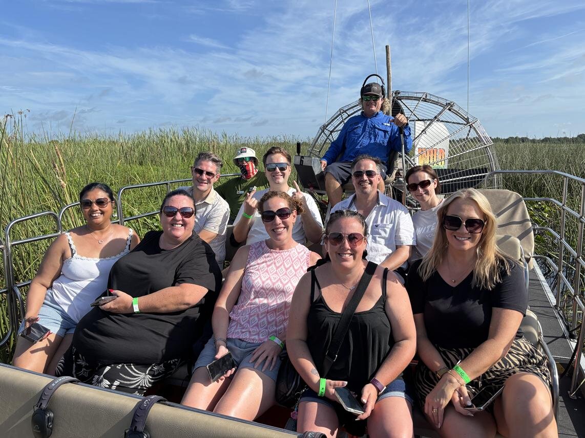 Destination Unknown agents on an airboat in Wild Florida Adventure Park