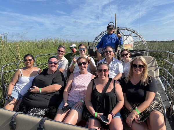 Destination Unknown agents on an airboat in Wild Florida Adventure Park