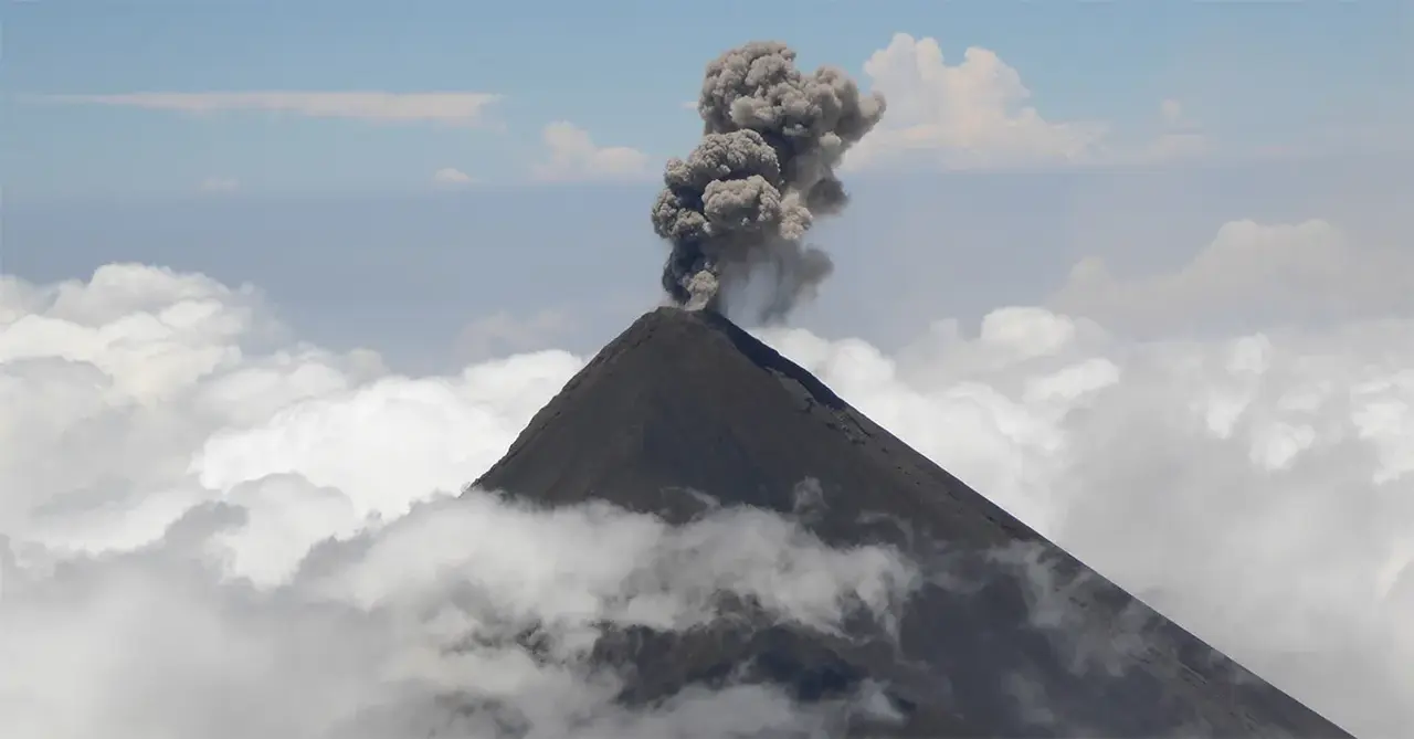 View of Fuego Volcano erupting from the summit of Acatenango