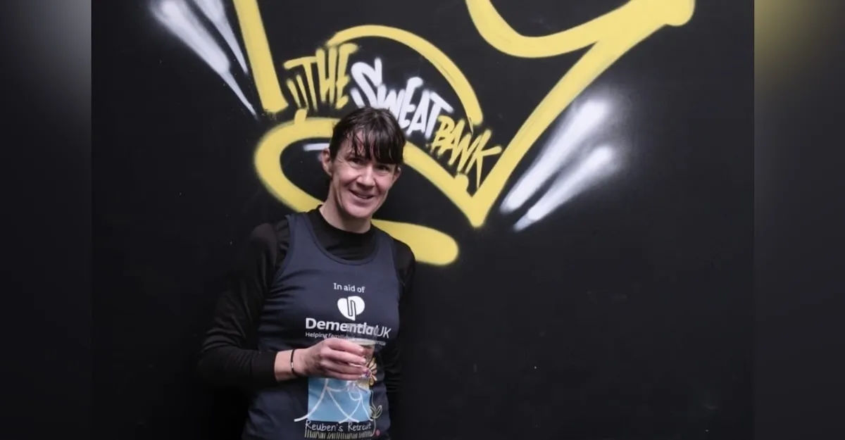 Claire Calladine celebrates her 50th marathon in 2025. By Ia